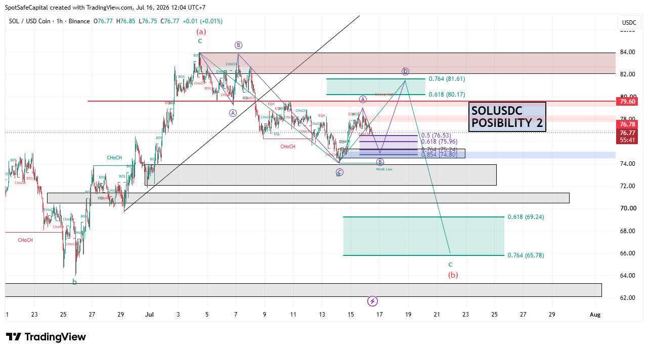 SOL/USDC daily Elliott Wave analysis chart with wave counts and Fibonacci targets, from TradingView